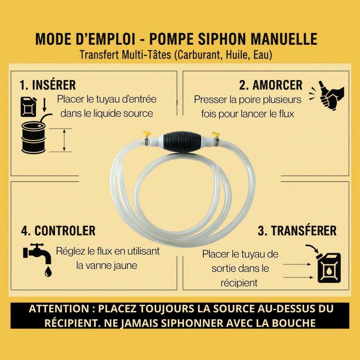 Transférez n'importe quel liquide en 60 secondes, sans effort et sans une seule goutte par terre